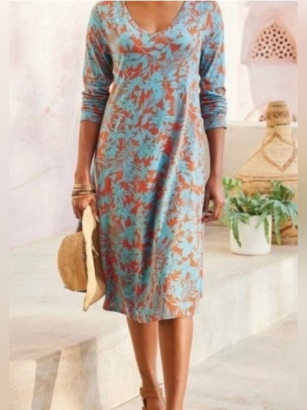 Soft Surroundings Santiago Tropical Orange & Blue Long Sleeve Dress Sz L
